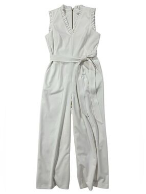 Calvin Klein White Jumpsuit NWT Wide Leg Belted Ruffle Neck Sleeveless Size 8